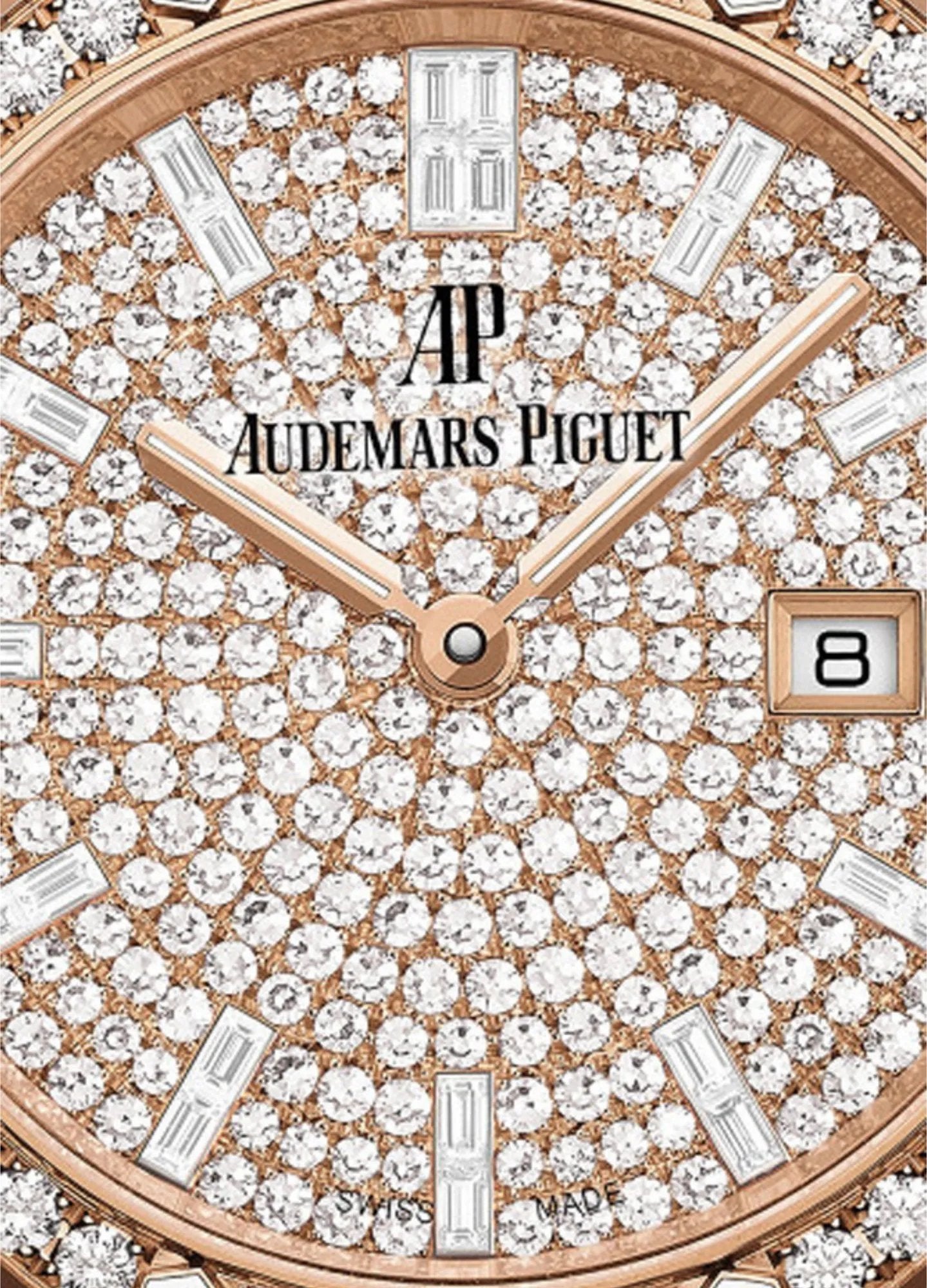 Audemars Piguet Royal Oak 33mm Quartz Rose Gold Pave Diamond Dial Case Bezel and Bracelet